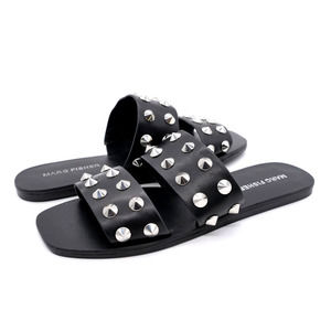 Marc Fisher Sandals Womens 6 Black Faux Leather Studded Spikes Flat Slide Bolive
